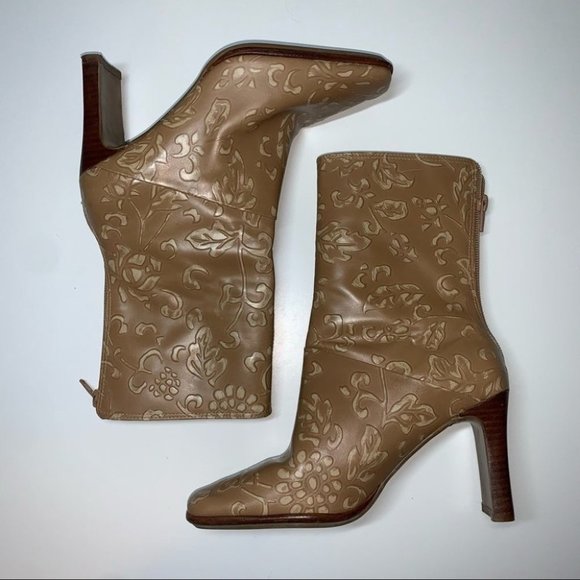 Greenwich Village Leather Heeled Boots Size 5.5 Tan Floral Mid Calf Square Toe - Picture 5 of 10